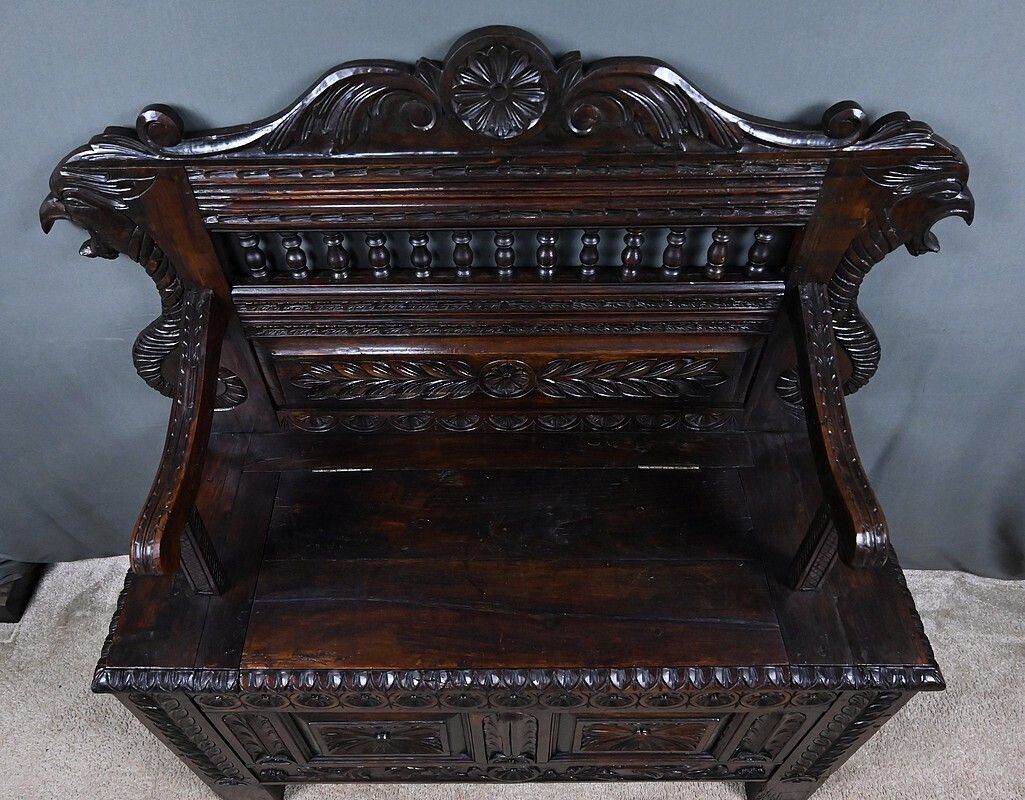 1610.0 Oak Storage Bench, Neo Gothic Style – Early 20th Century photo