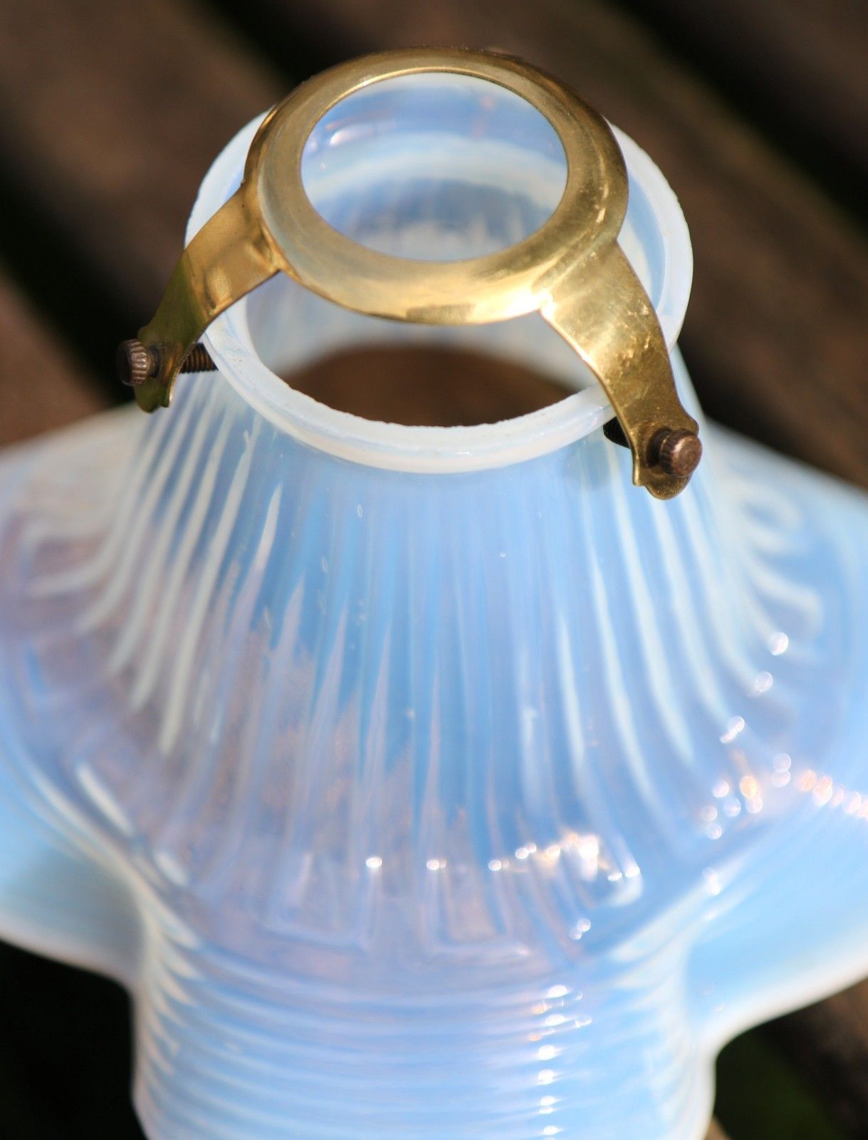 Antique Vaseline Opalescent Rimmed Glass Lampshade & Vintage Brass Gallery Small photo vintage