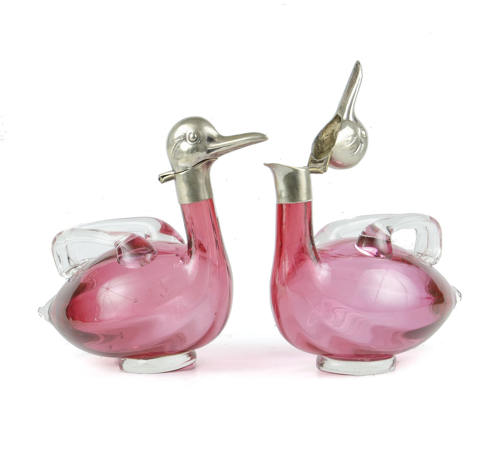 Pair Of 1960s Silver Plated And Deep Cranberry Pink Glass Figural Duck Claret Jugs, Czech Republic photo for sale