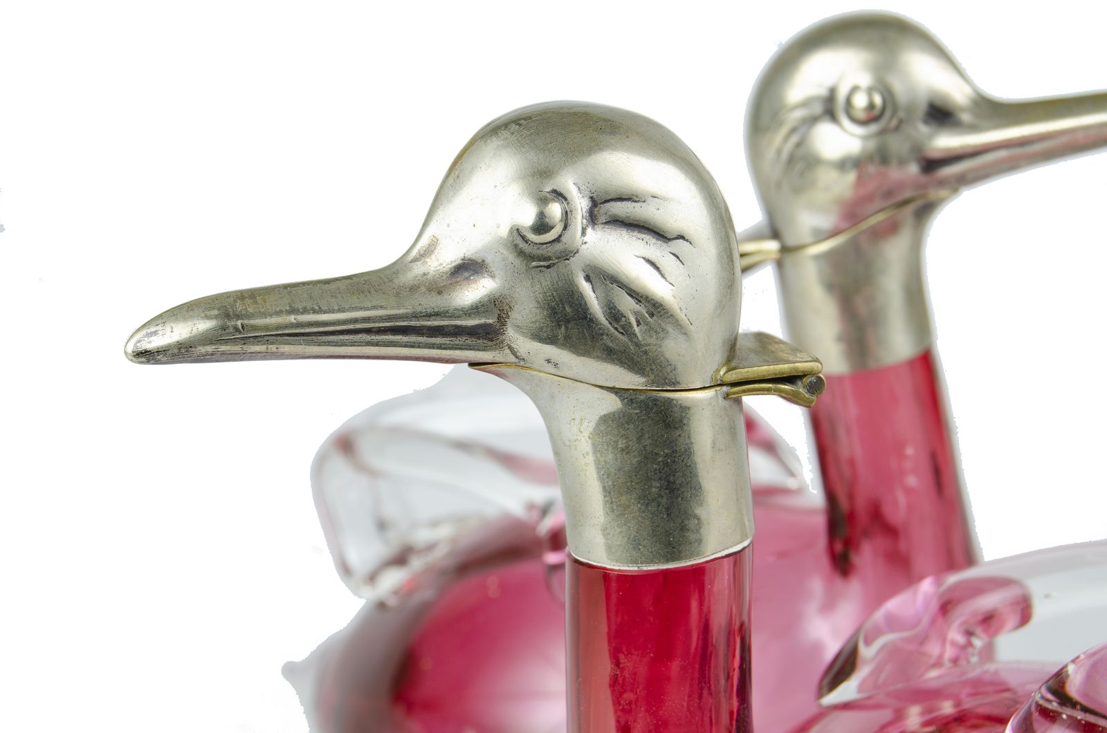 Pair Of 1960s Silver Plated And Deep Cranberry Pink Glass Figural Duck Claret Jugs, Czech Republic photo Home Decor