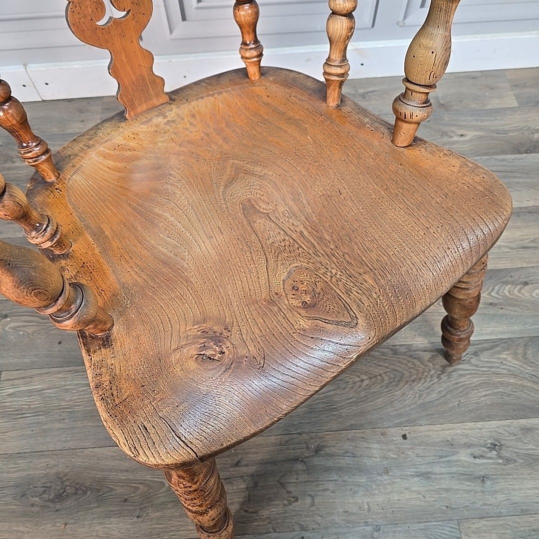 Antique Windsor Armchair Elm Seat Hoop Back 19th Century Turned Wooden Chair photo Furniture