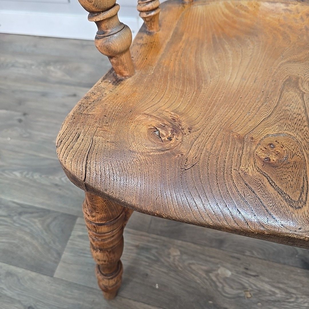 Antique Windsor Armchair Elm Seat Hoop Back 19th Century Turned Wooden Chair photo vinterior