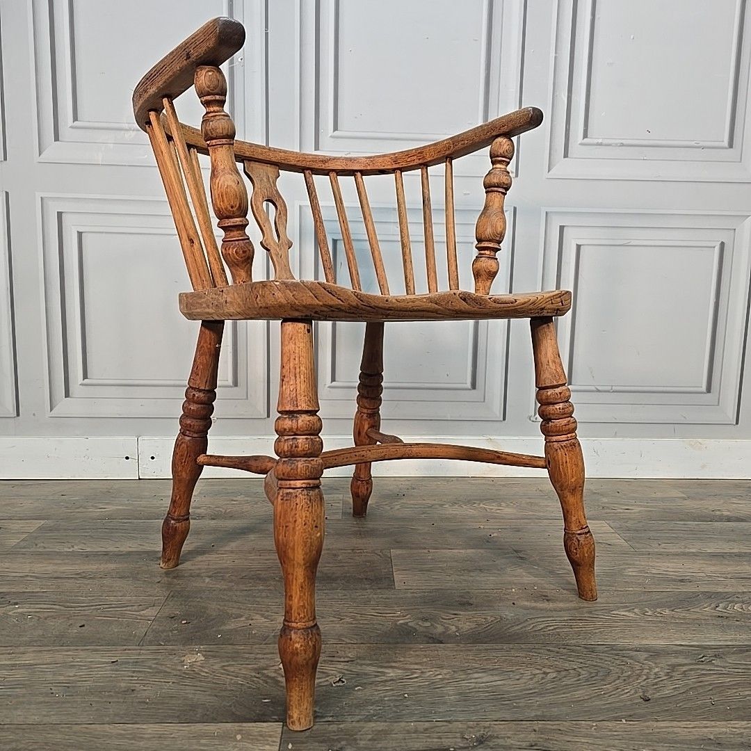 Antique Smokers Bow Chair Elm Seat Wooden Windsor Armchair Desk Hall 19th C photo furniture