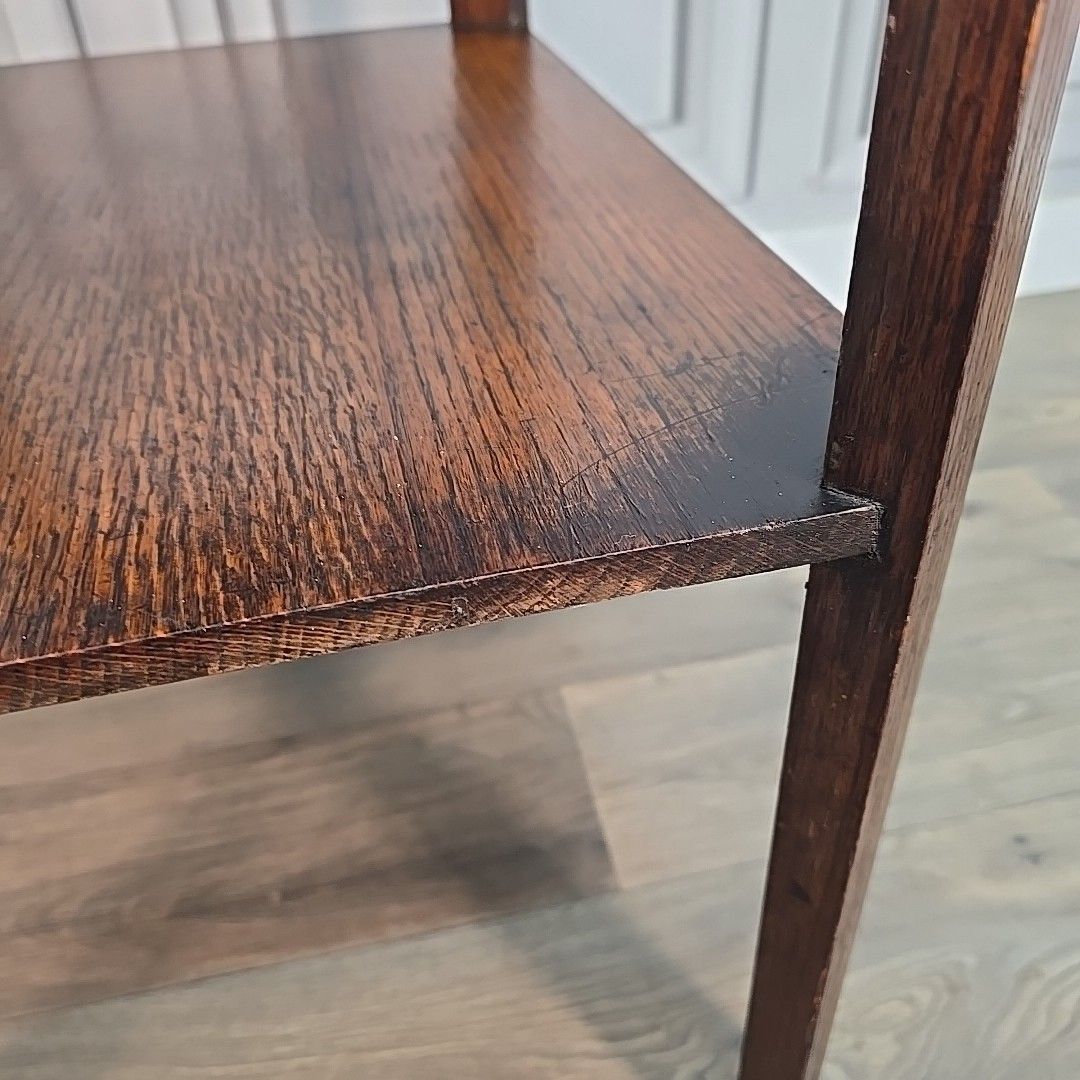 photo vinterior Antique Oak Side Table Two Tier Hall Lamp Plant Stand Arts Crafts Jacobean
