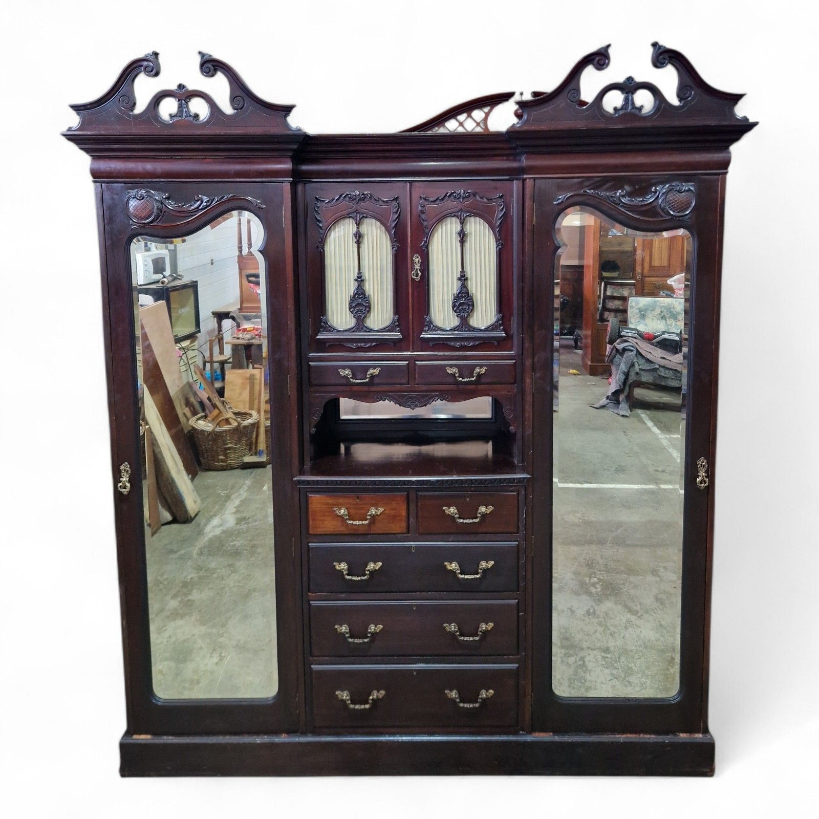 Victorian Triple Wardrobe Mahogany Mirrored Antique Combination Carved Armoire photo vinterior