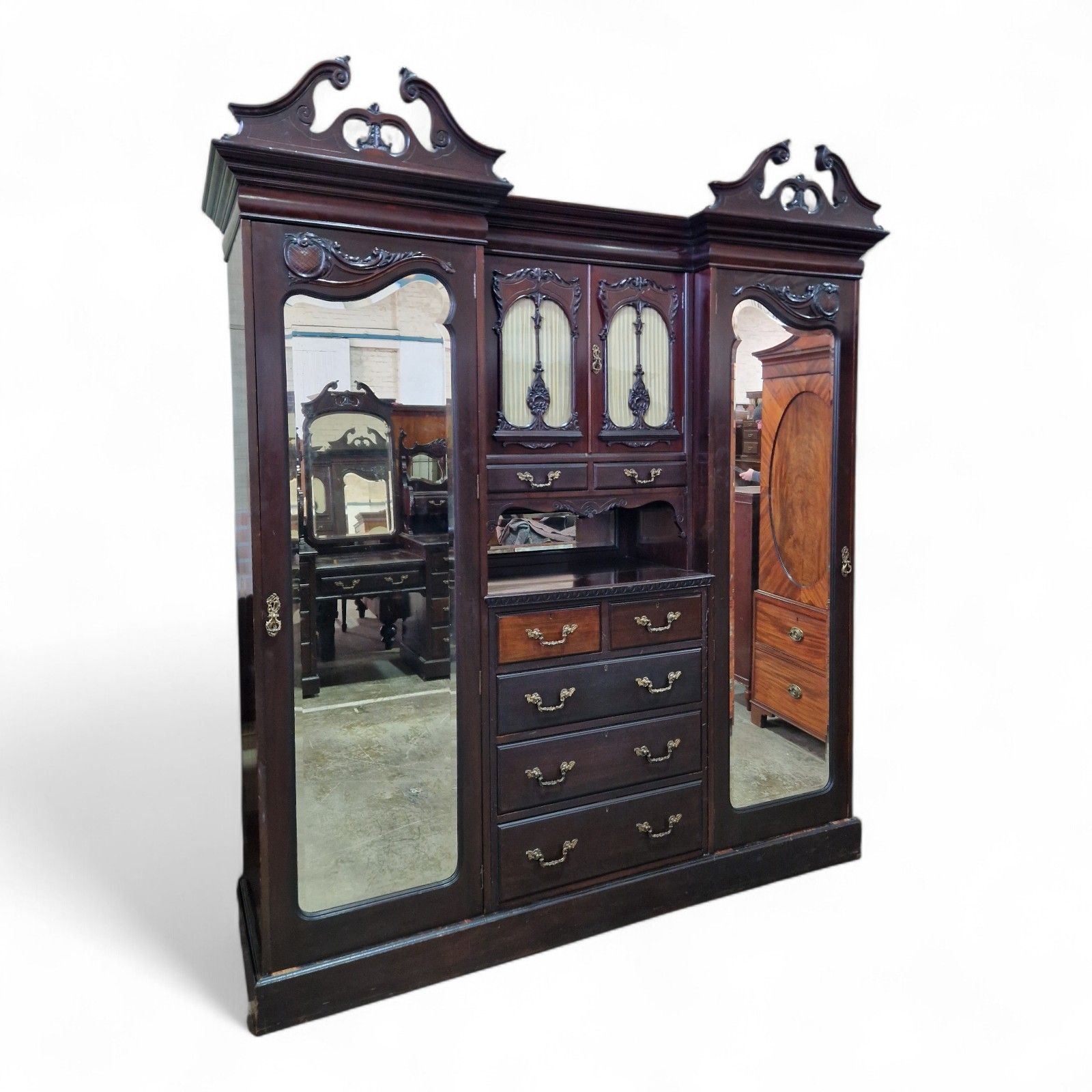 Victorian Triple Wardrobe Mahogany Mirrored Antique Combination Carved Armoire photo buy