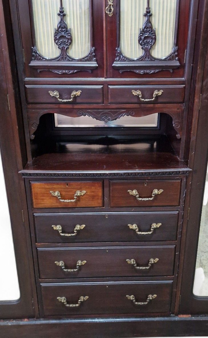 Furniture Victorian Triple Wardrobe Mahogany Mirrored Antique Combination Carved Armoire photo