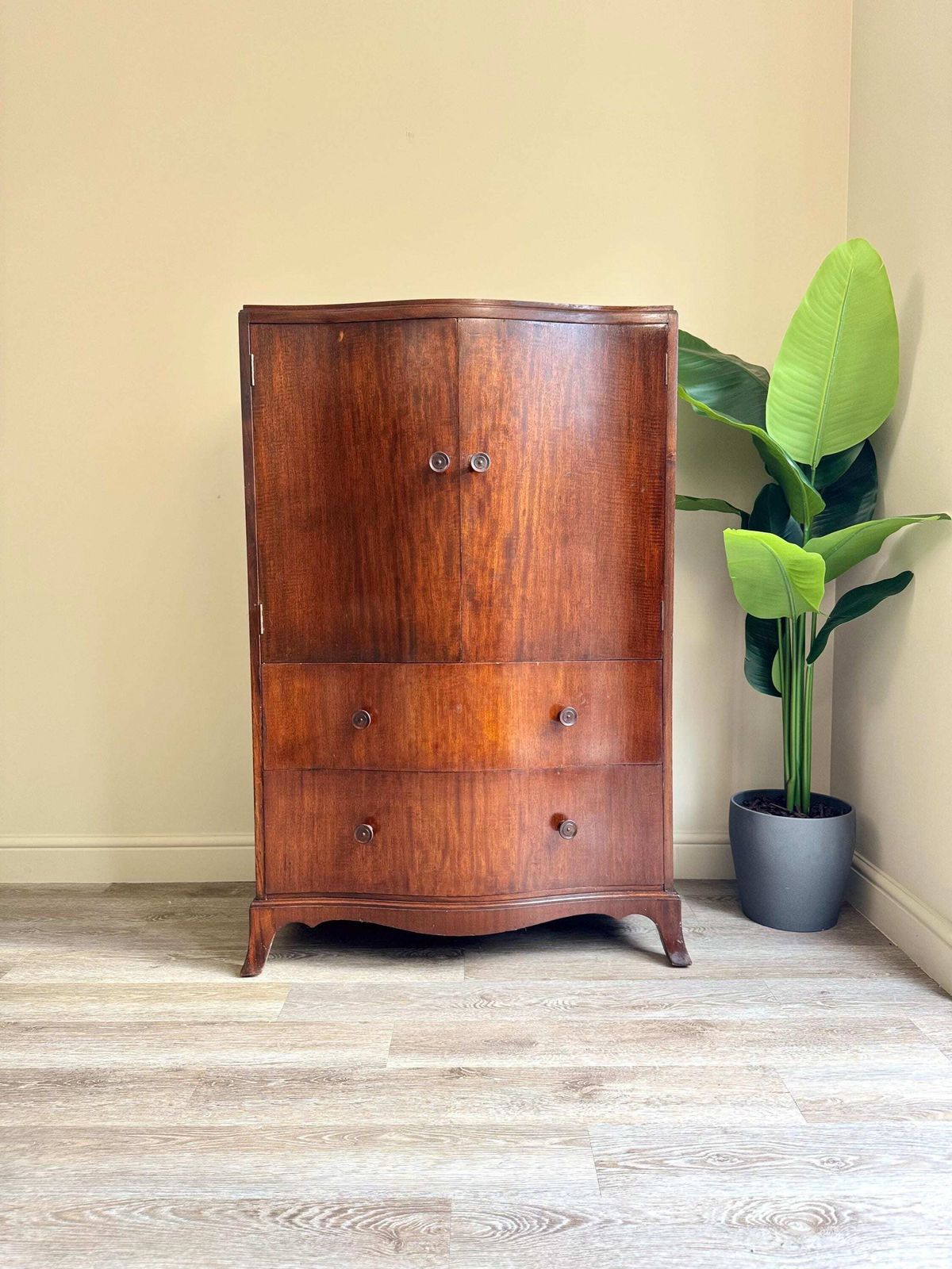 Vintage Double Door Wooden Linen Cupboard Cabinet Drawers Craft Organiser Gentlemen’s Wardrobe Mahogany