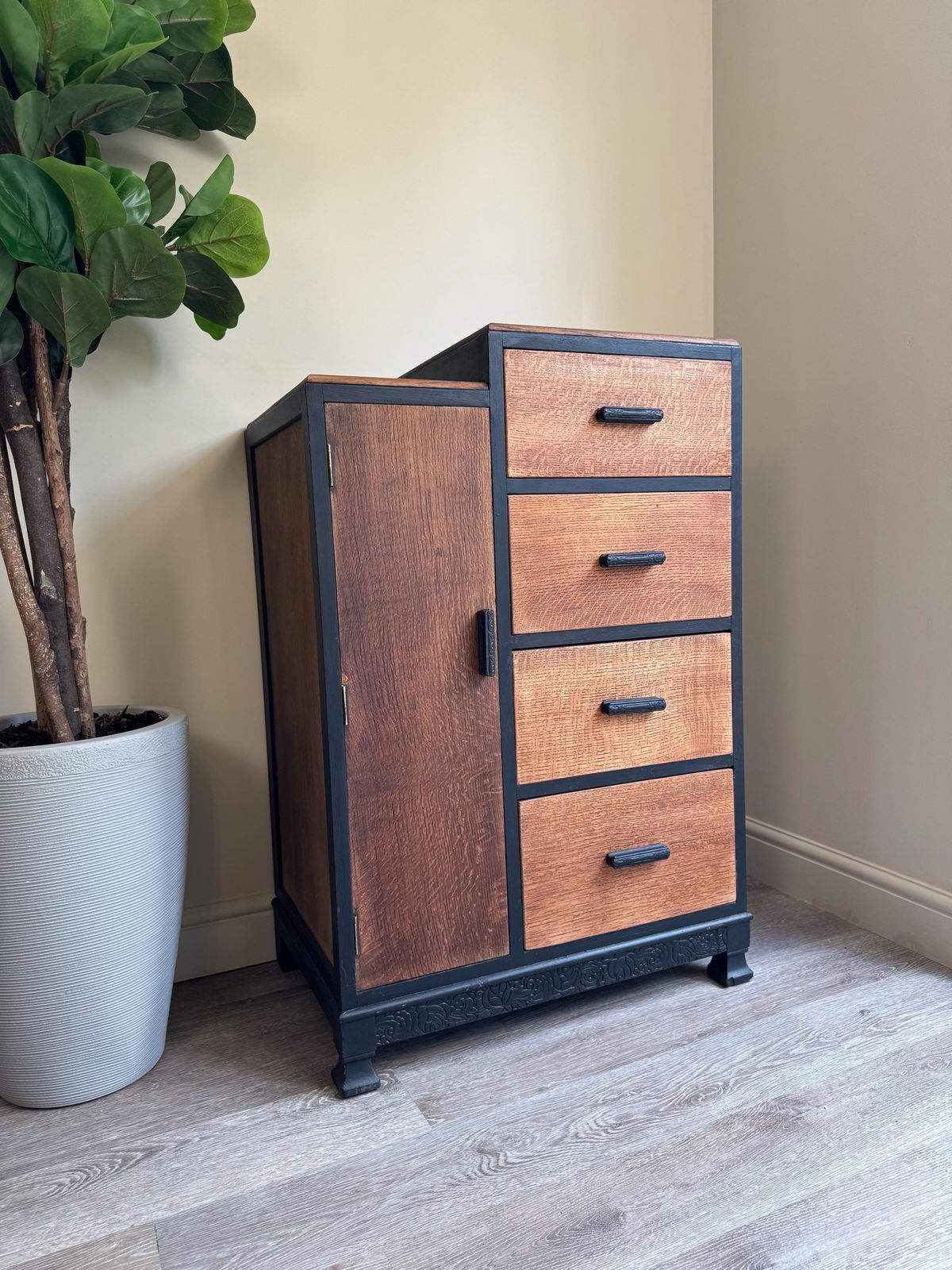photo for sale Vintage Upcycled Wooden Cabinet: Black Painted Drawers & Shelving