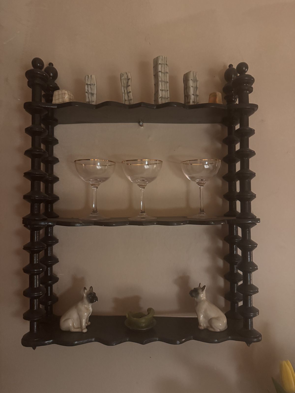 Early 20th Century French Folk Art Spindle Bobbin Shelf Black photo furniture