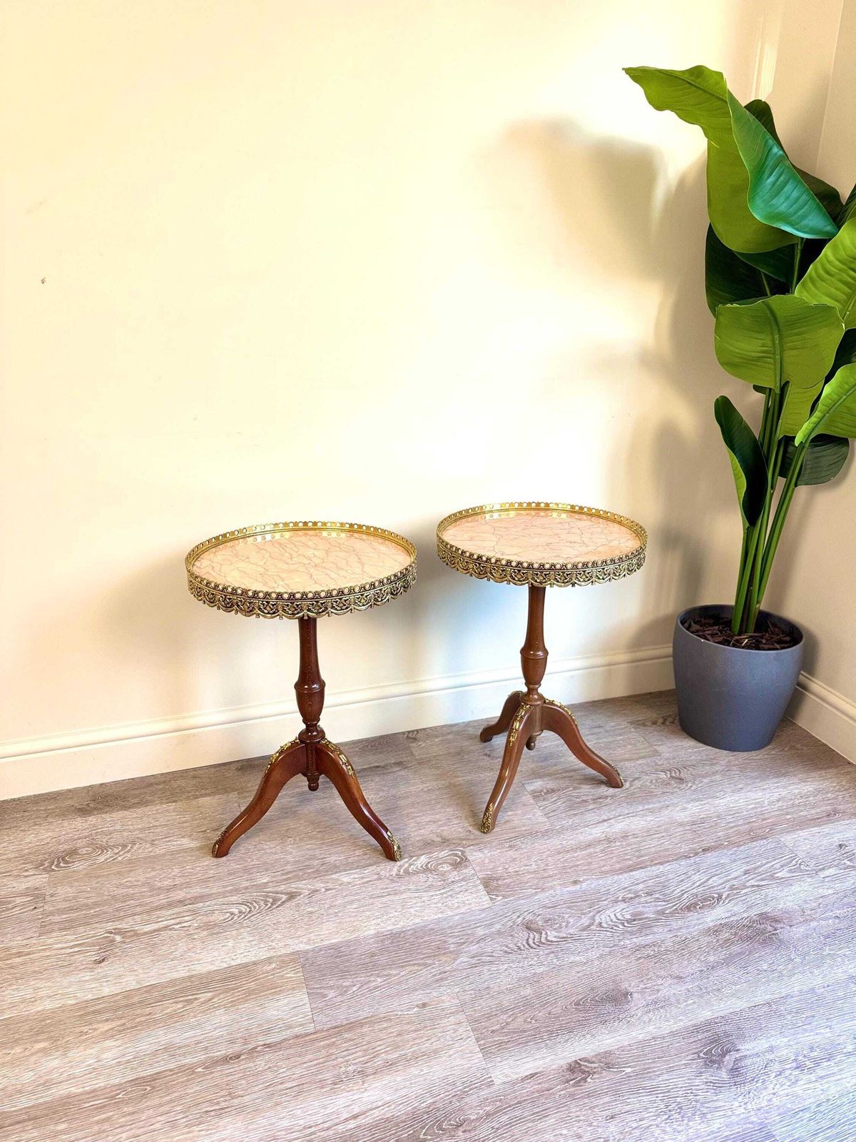 Pair Of French Louis XV Style Pink Marble Gallery Topped Tripod Tables
