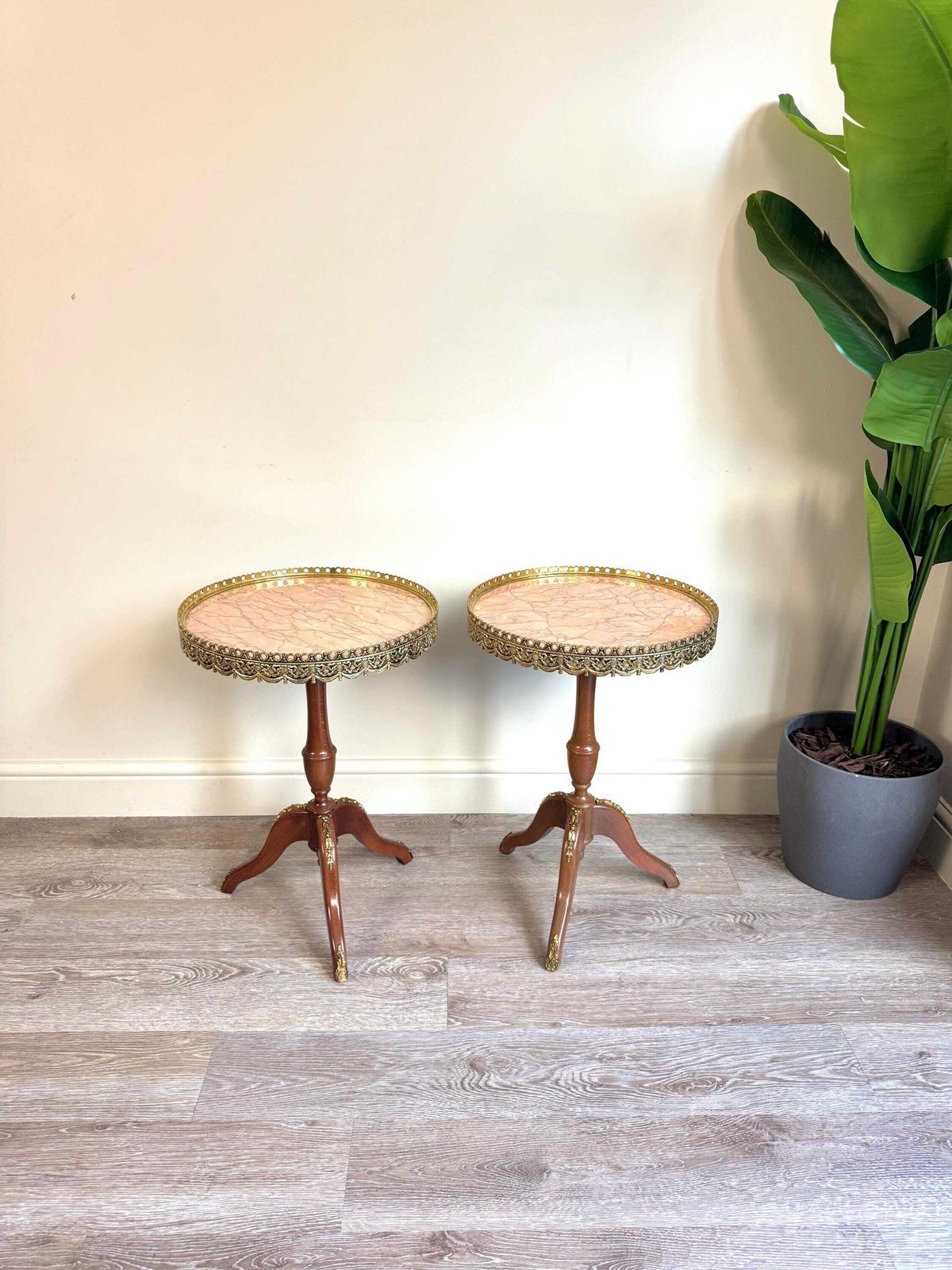 Pair Of French Louis XV Style Pink Marble Gallery Topped Tripod Tables photo furniture