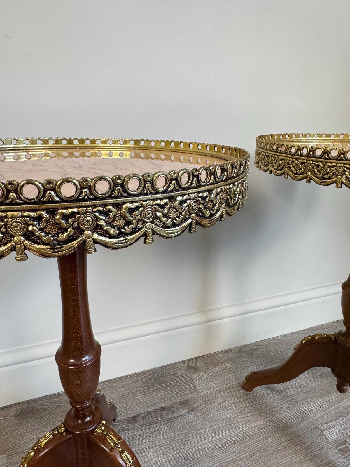 Pair Of French Louis XV Style Pink Marble Gallery Topped Tripod Tables photo 550.0