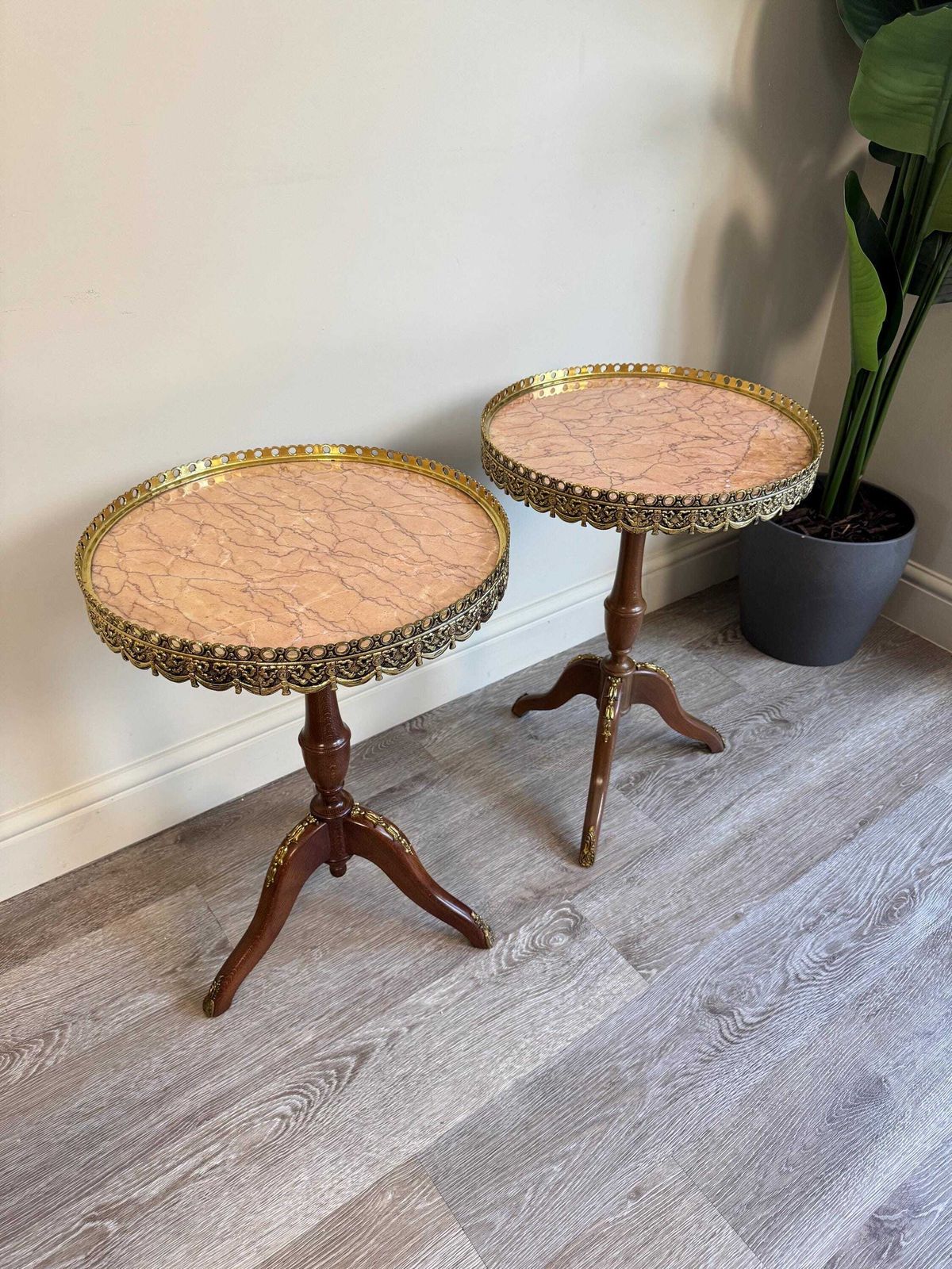 photo furniture Pair Of French Louis XV Style Pink Marble Gallery Topped Tripod Tables