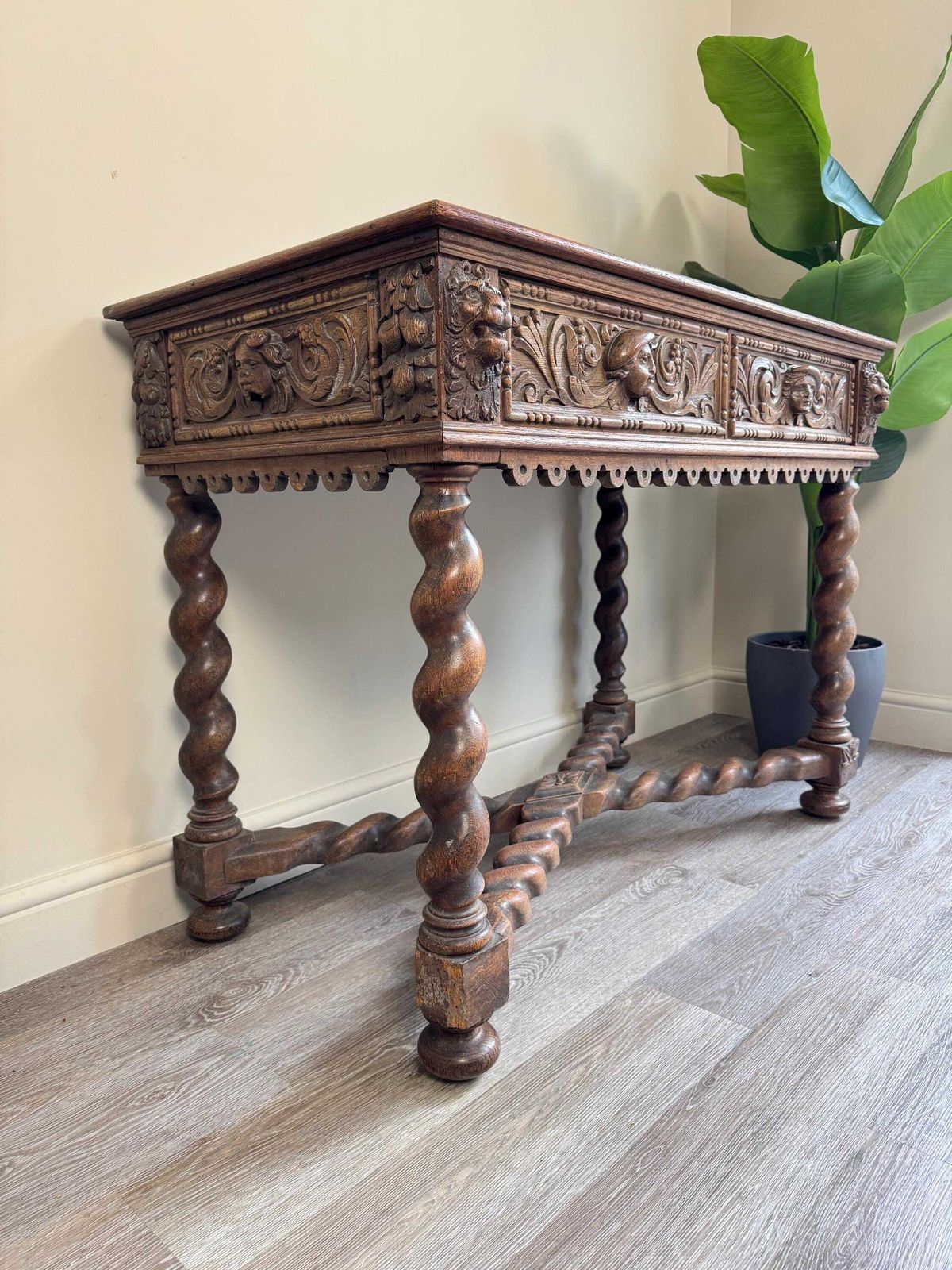 Antique Carved Wood Console Table: Barley Twist Hall, Gothic Revival photo Furniture