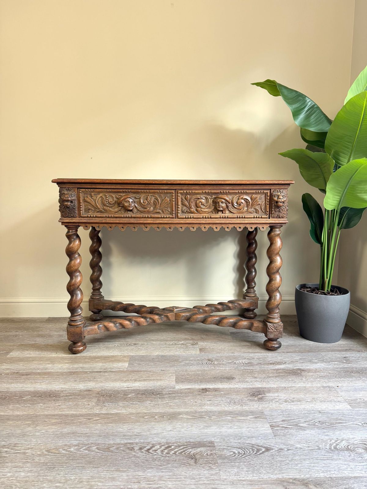 Antique Carved Wood Console Table: Barley Twist Hall, Gothic Revival photo vinterior