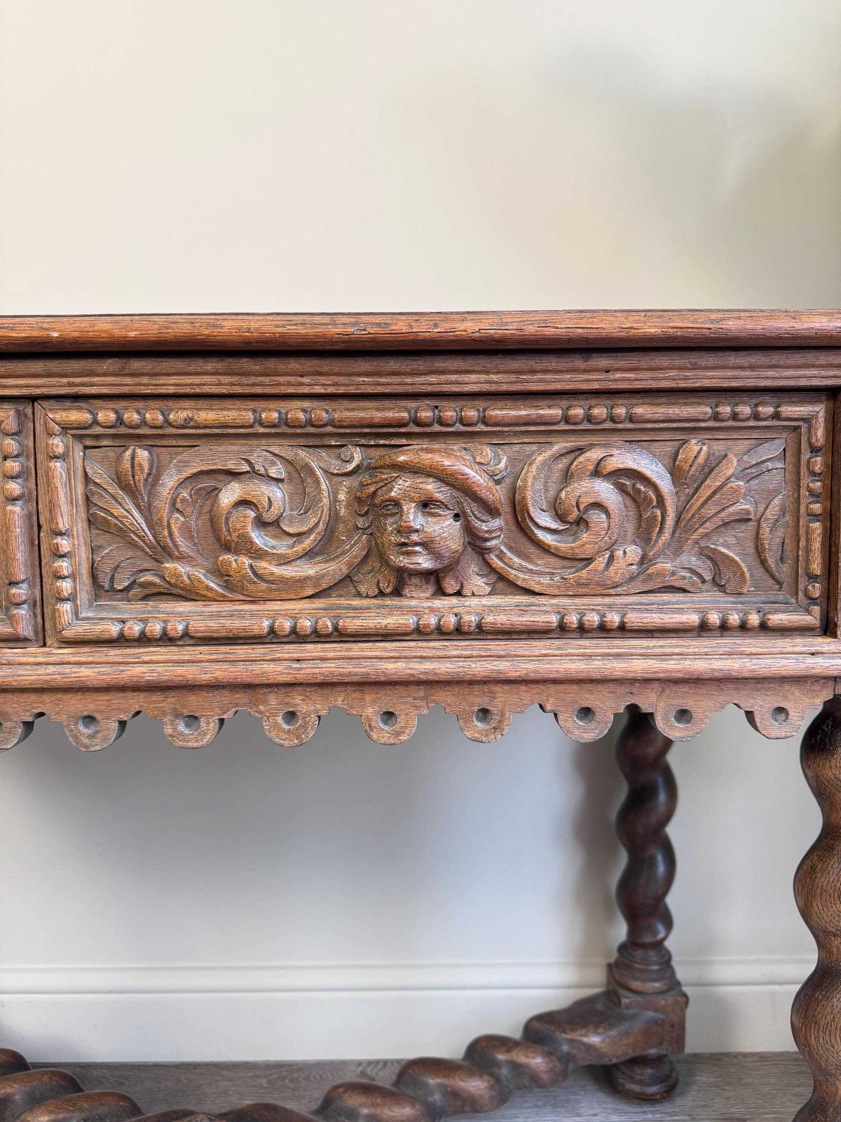 Antique Carved Wood Console Table: Barley Twist Hall, Gothic Revival photo vintage