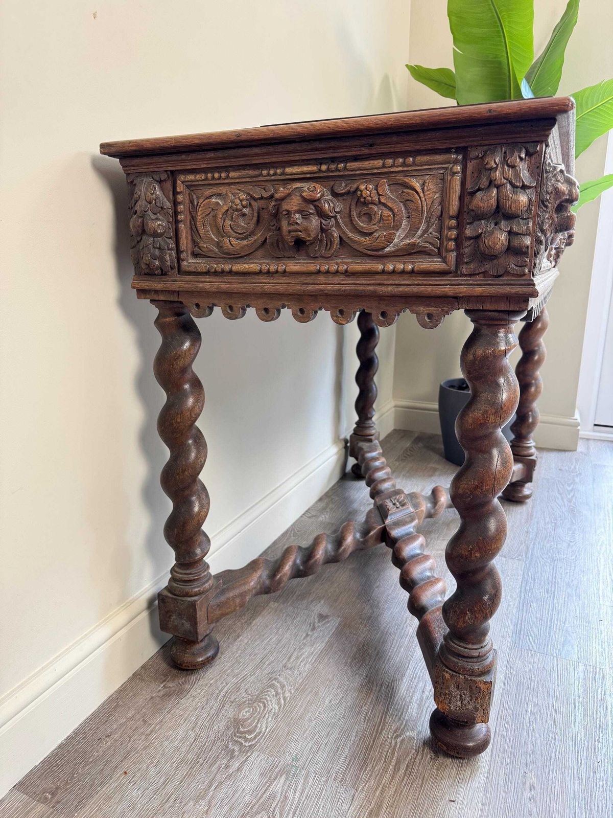 595.0 Antique Carved Wood Console Table: Barley Twist Hall, Gothic Revival photo