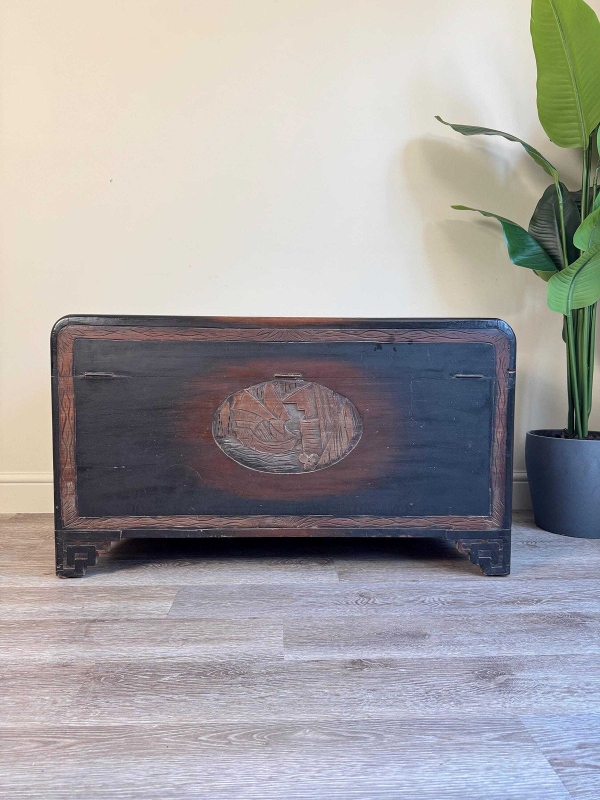 photo for sale Vintage Chinese Carved Oak Dark Wood Blanket Box Chest Coffer Camphor Chest