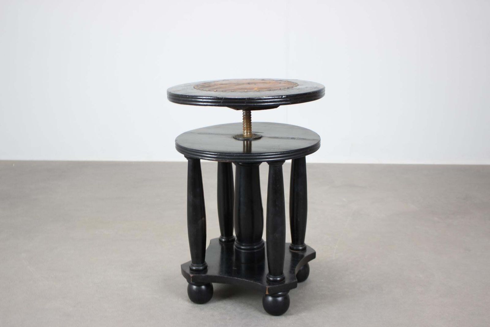 Antique Adjustable Piano Stool Leather Seat Black Wood, 1910's, Czechoslovakia photo furniture