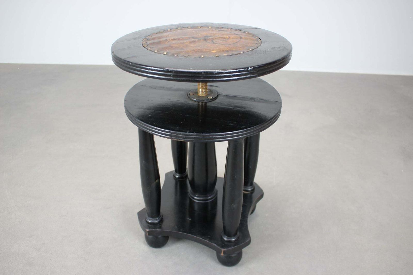 Antique Adjustable Piano Stool Leather Seat Black Wood, 1910's, Czechoslovakia photo for sale