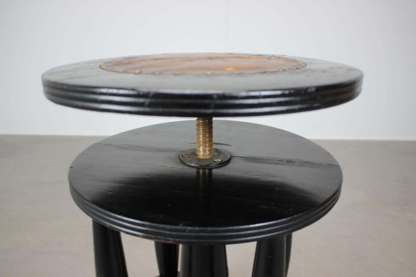 Antique Adjustable Piano Stool Leather Seat Black Wood, 1910's, Czechoslovakia photo 900.0