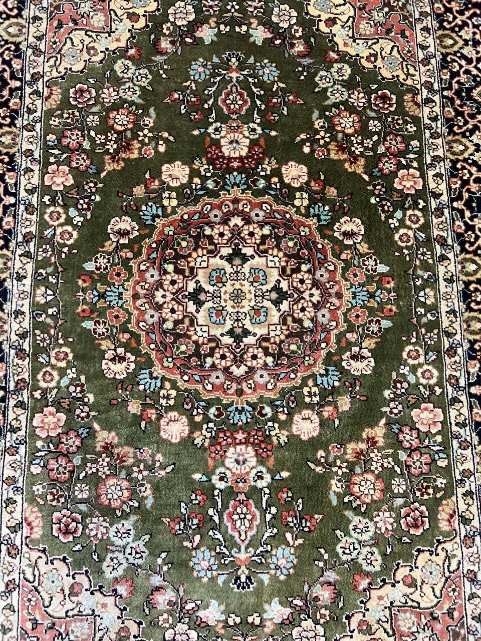 Green Field Turkish Silk Rug, 96 × 63 Cm, Circa 1950 photo buy