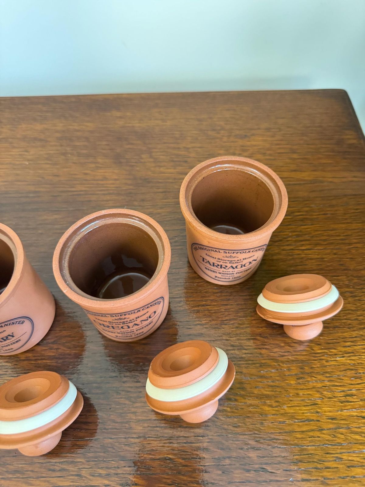 Set Of Henry Watson Pottery Spice Herb Ceramic Jars Sealed Earthenware Containers Terracotta Farmhouse photo vinterior