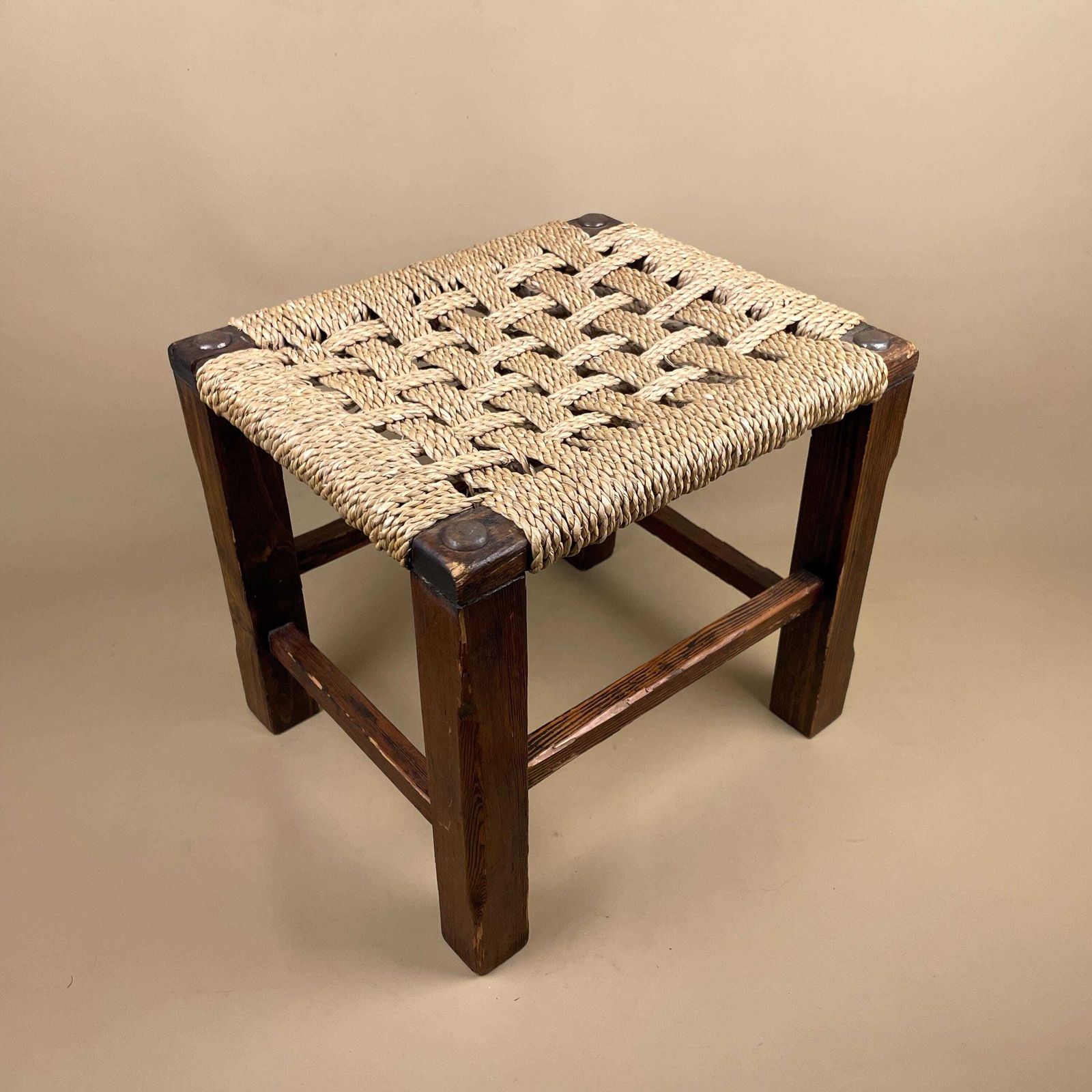 Antique Wooden Foot Stool Woven String Wood Cottage Furniture Rectangle Brown Hallway Seat 30.3x33x28cm Footstool Bench photo furniture