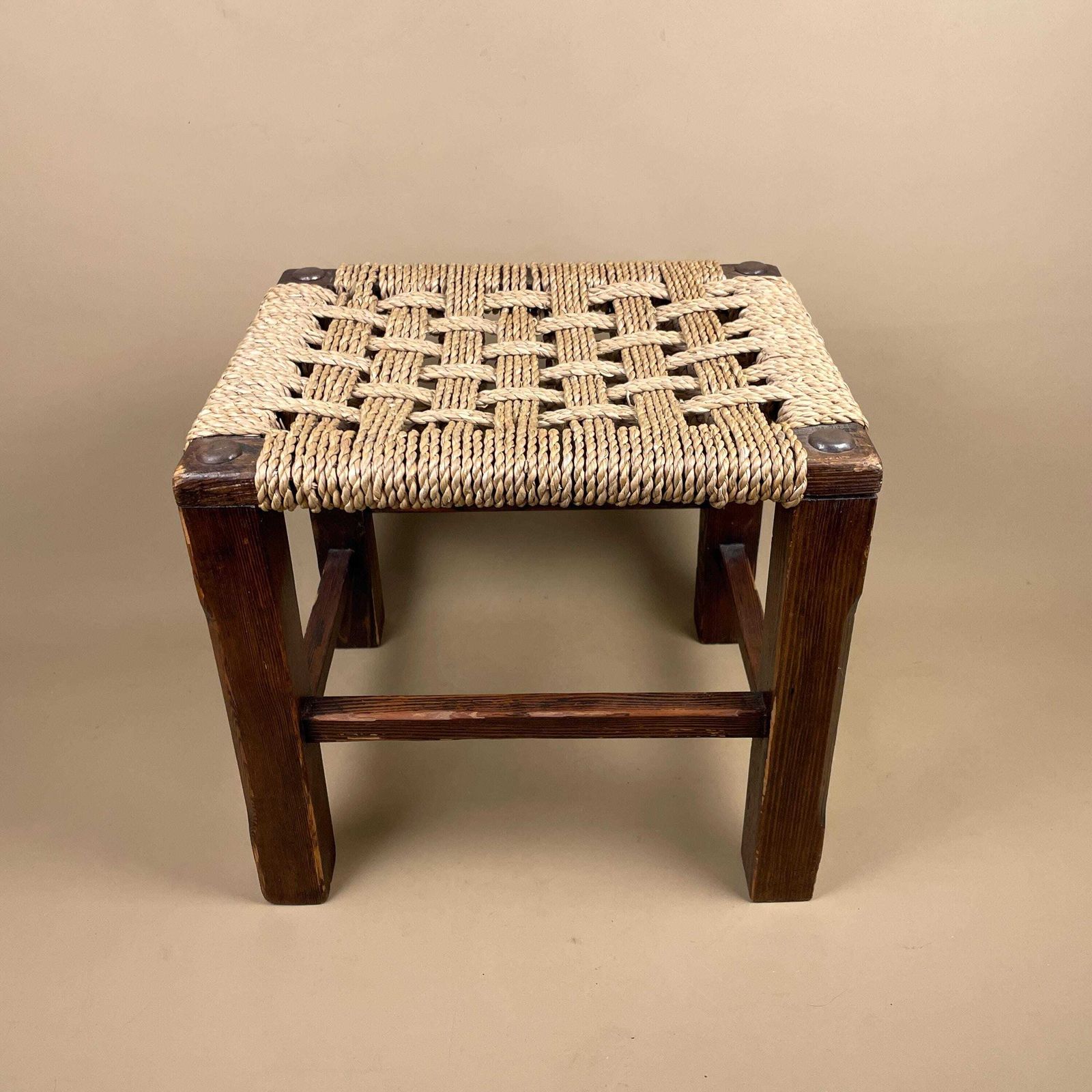 Antique Wooden Foot Stool Woven String Wood Cottage Furniture Rectangle Brown Hallway Seat 30.3x33x28cm Footstool Bench photo vinterior