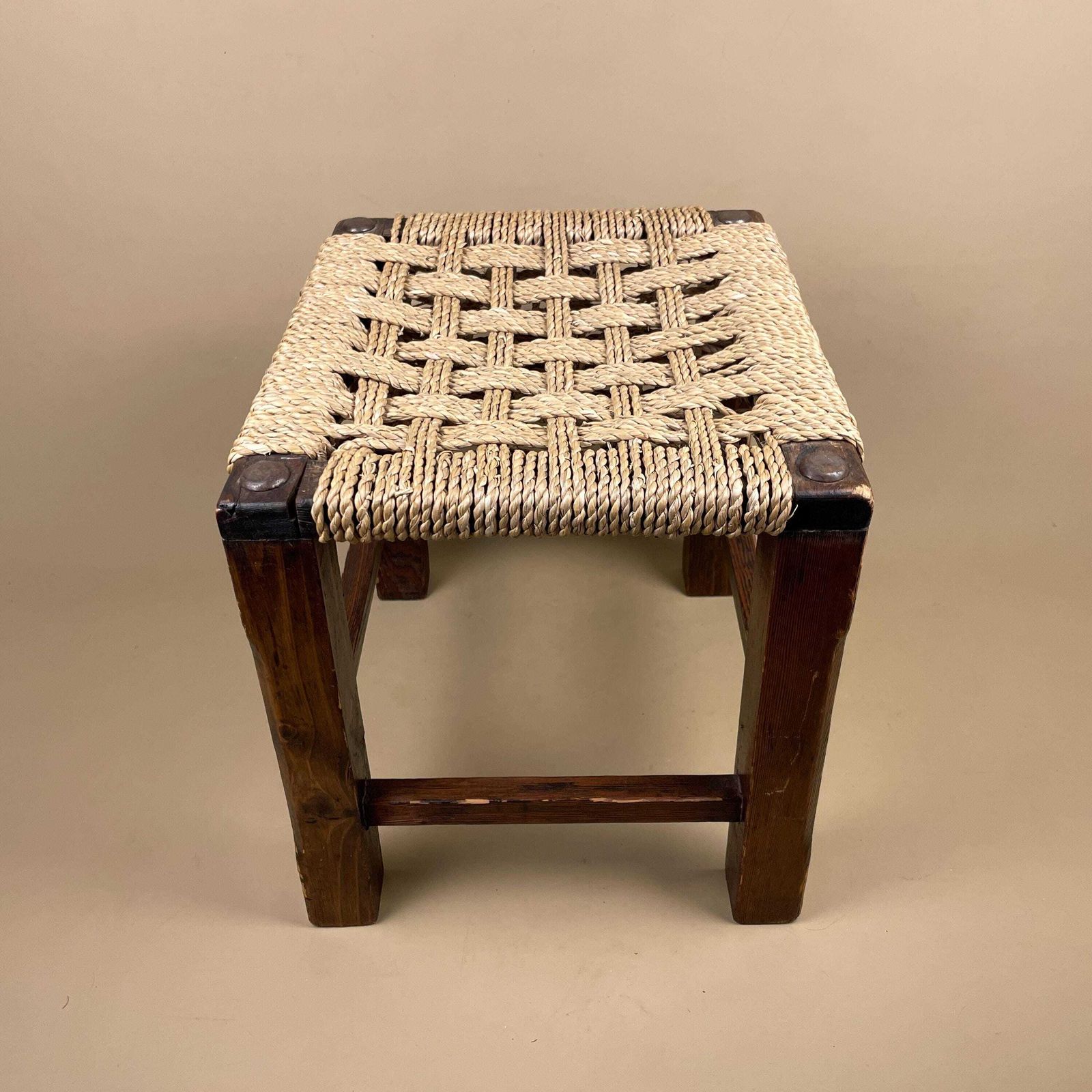 Antique Wooden Foot Stool Woven String Wood Cottage Furniture Rectangle Brown Hallway Seat 30.3x33x28cm Footstool Bench photo vintage