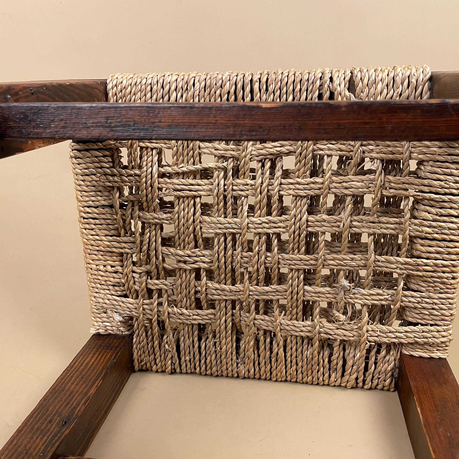 photo for sale Antique Wooden Foot Stool Woven String Wood Cottage Furniture Rectangle Brown Hallway Seat 30.3x33x28cm Footstool Bench
