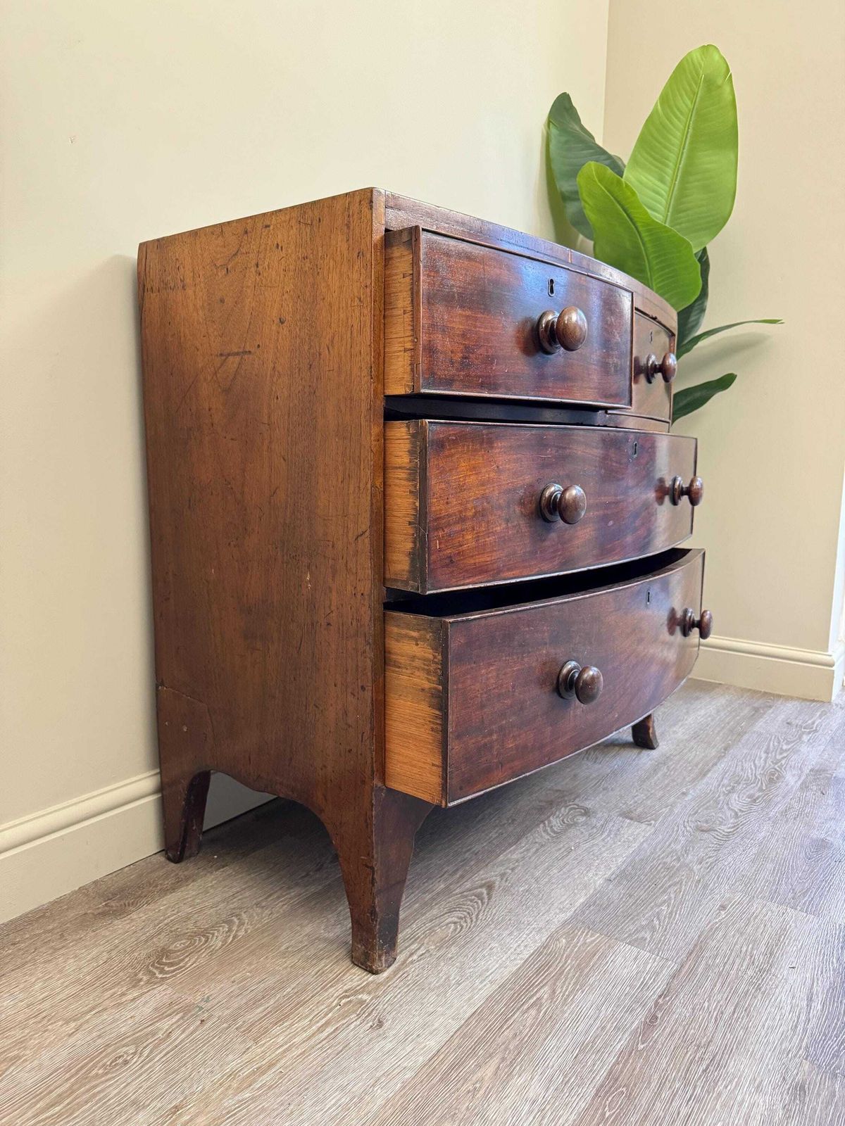 Antique Bow Fronted Small Solid Wooden Chest Of Drawers With Dovetail Ends Dark Wood photo furniture