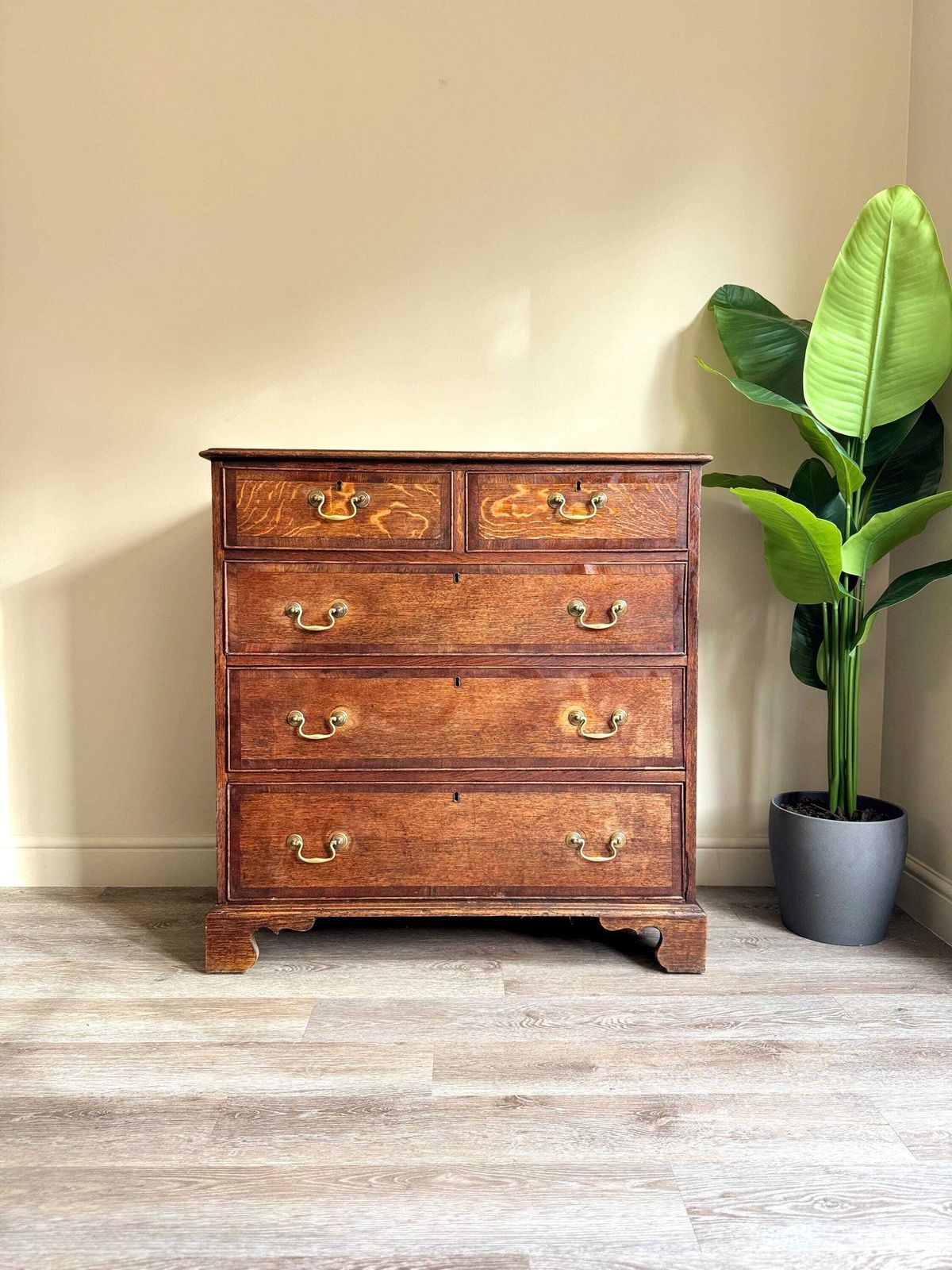 Solid Oak Wood Antique Georgian Chest Of Drawers With Metal Handles Dovetail Drawers