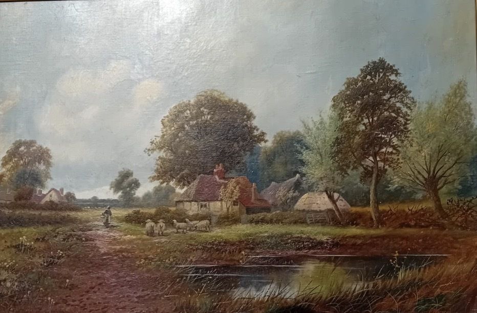 photo for sale Pair Early 20th Century British Pastoral Oil Paintings In Gilt Frames