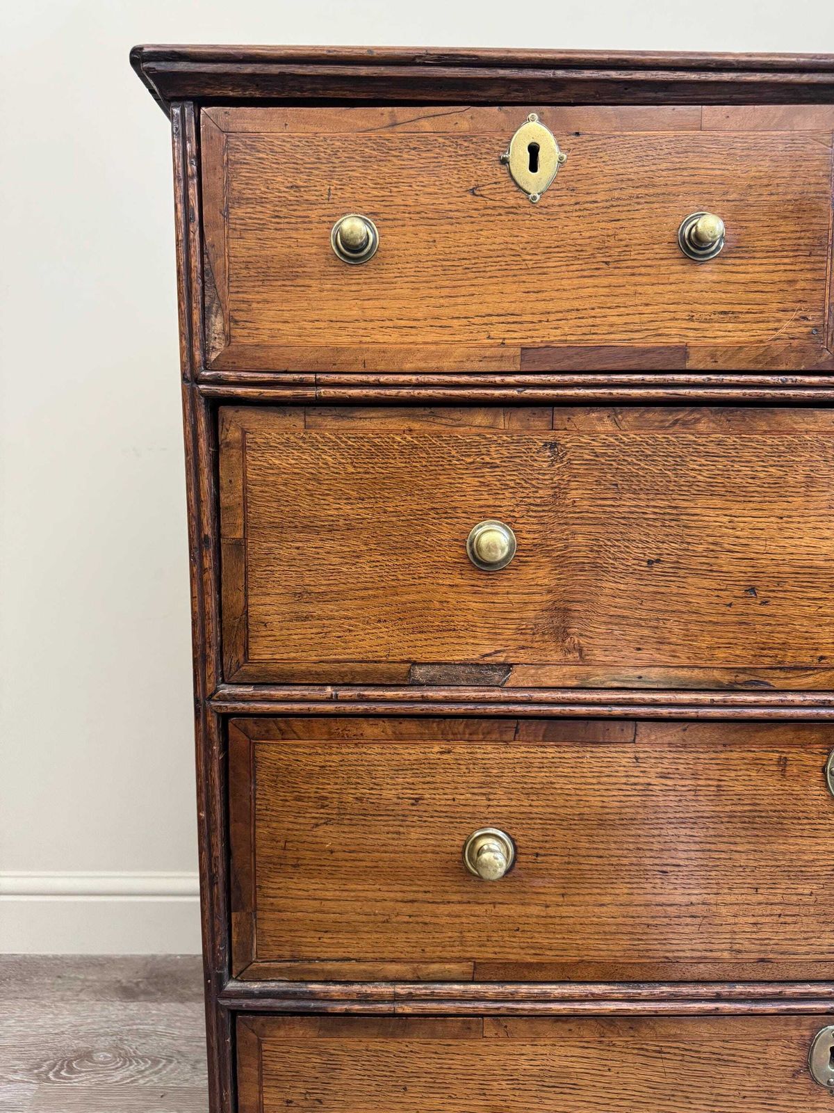photo for sale Antique Georgian Chest Of Drawers: Solid Wood Inlay, Metal Handles