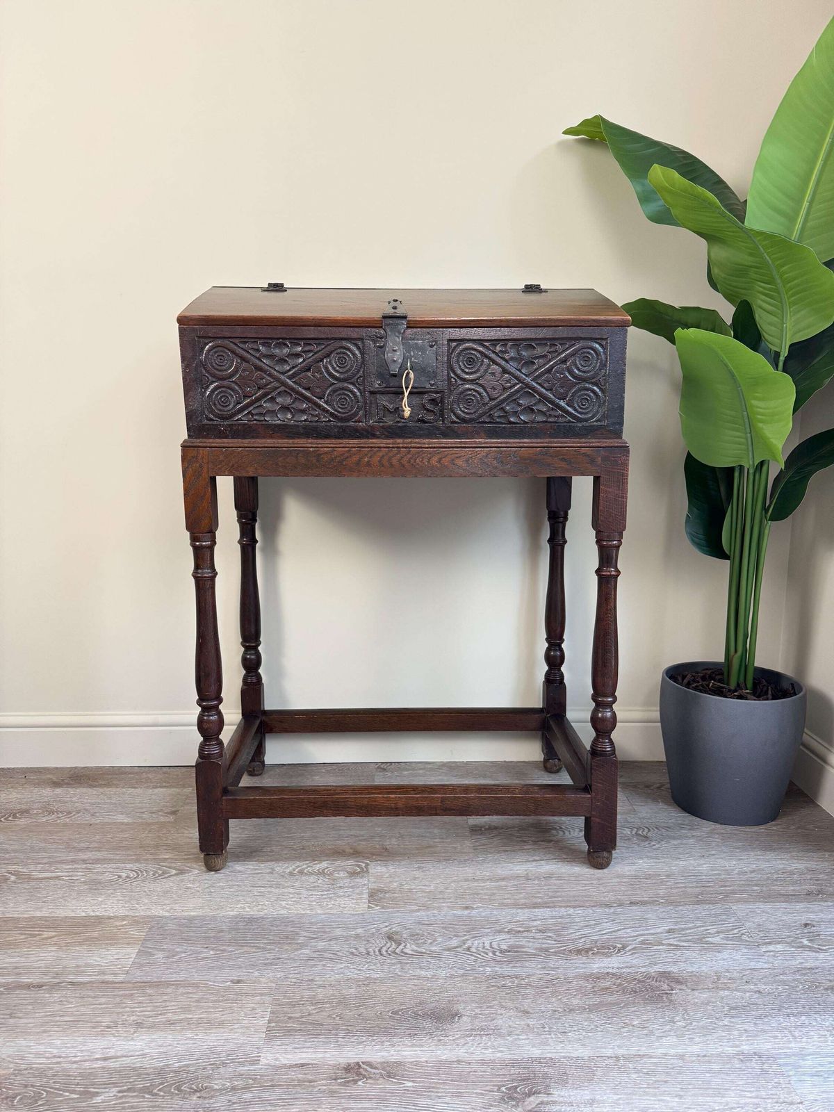 Antique Carved Oak Bible Box On Stand – Circa Early 18th Century Storage Chest