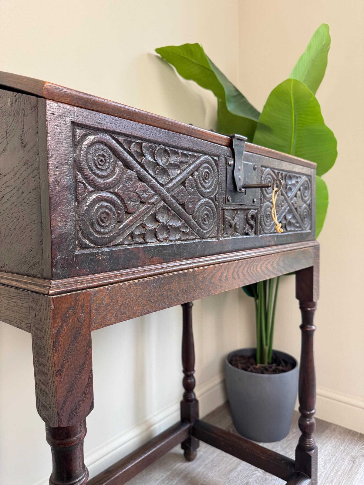 photo furniture Antique Carved Oak Bible Box On Stand – Circa Early 18th Century Storage Chest