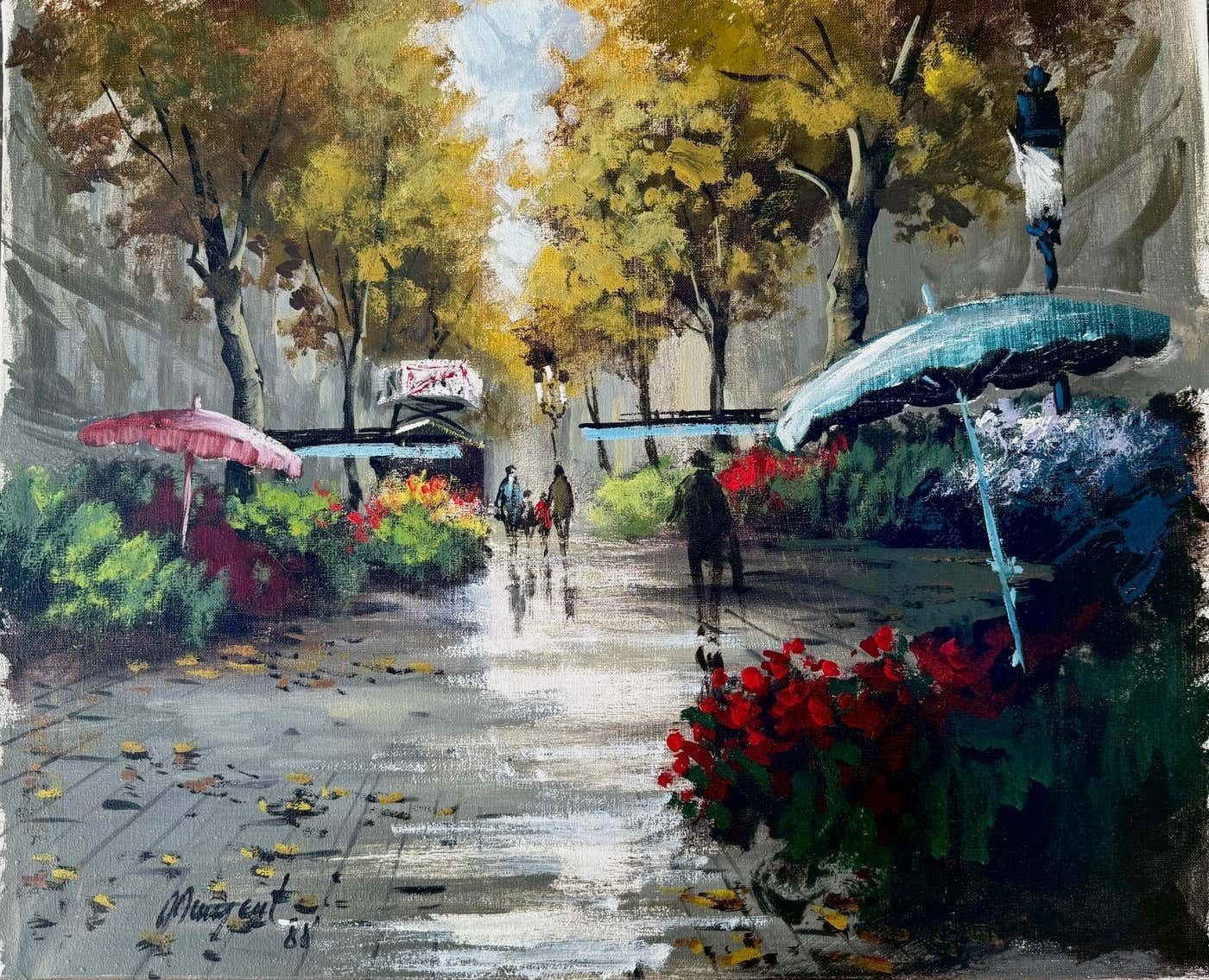 Jordi Junyent Las Ramblas Barcelona Bloemenmarkt Straatscène Schilderij Urbaan Impressionisme 1988