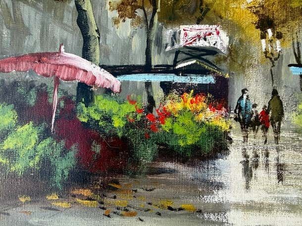 Jordi Junyent Las Ramblas Barcelona Bloemenmarkt Straatscène Schilderij Urbaan Impressionisme 1988 photo for sale