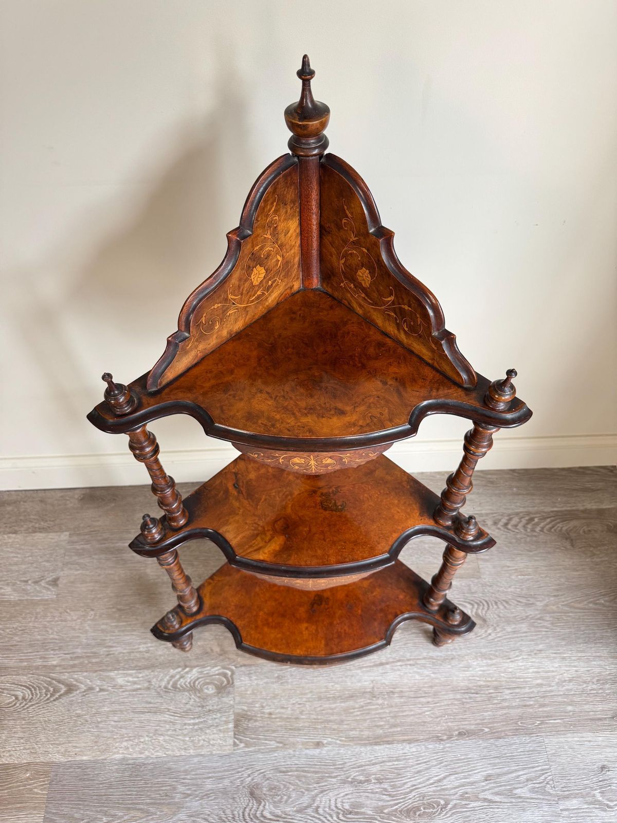 Antique 19th Century Victorian Walnut Marquetry Inlaid Serpentine Watnot Shelving Unit photo Furniture