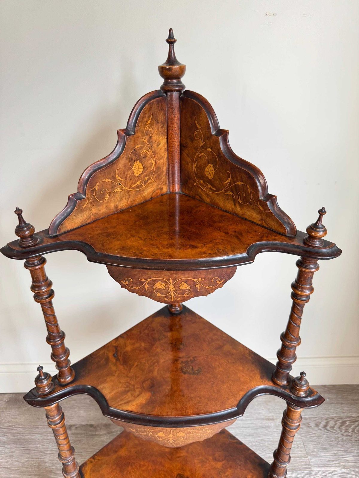 Antique 19th Century Victorian Walnut Marquetry Inlaid Serpentine Watnot Shelving Unit photo vintage
