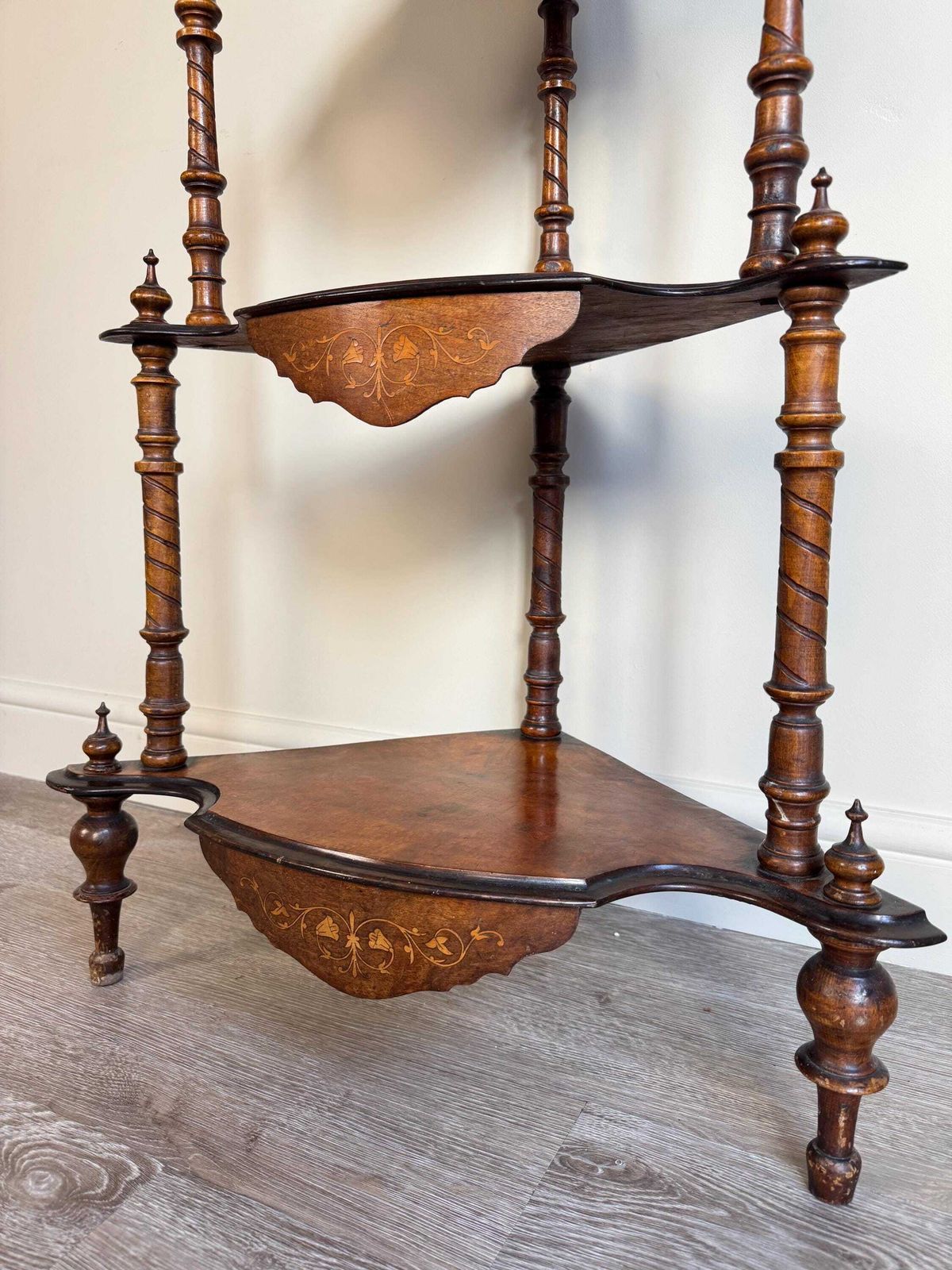 photo furniture Antique 19th Century Victorian Walnut Marquetry Inlaid Serpentine Watnot Shelving Unit