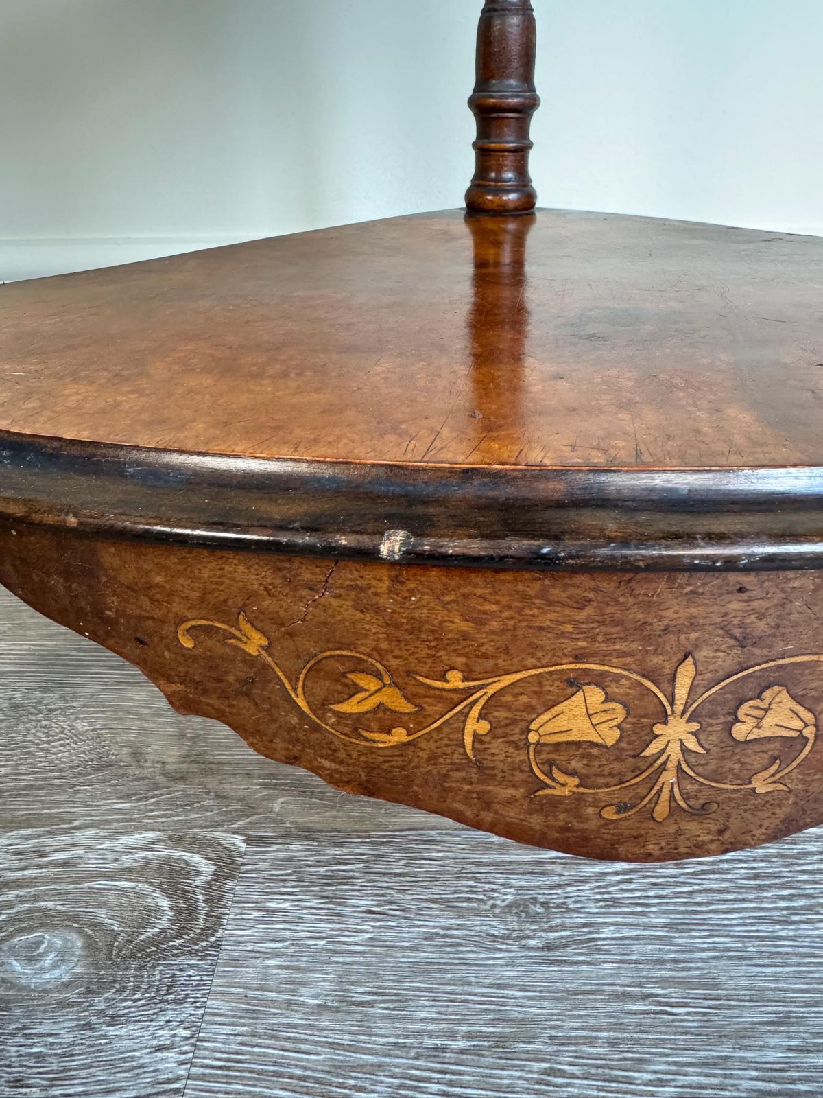 photo for sale Antique 19th Century Victorian Walnut Marquetry Inlaid Serpentine Watnot Shelving Unit