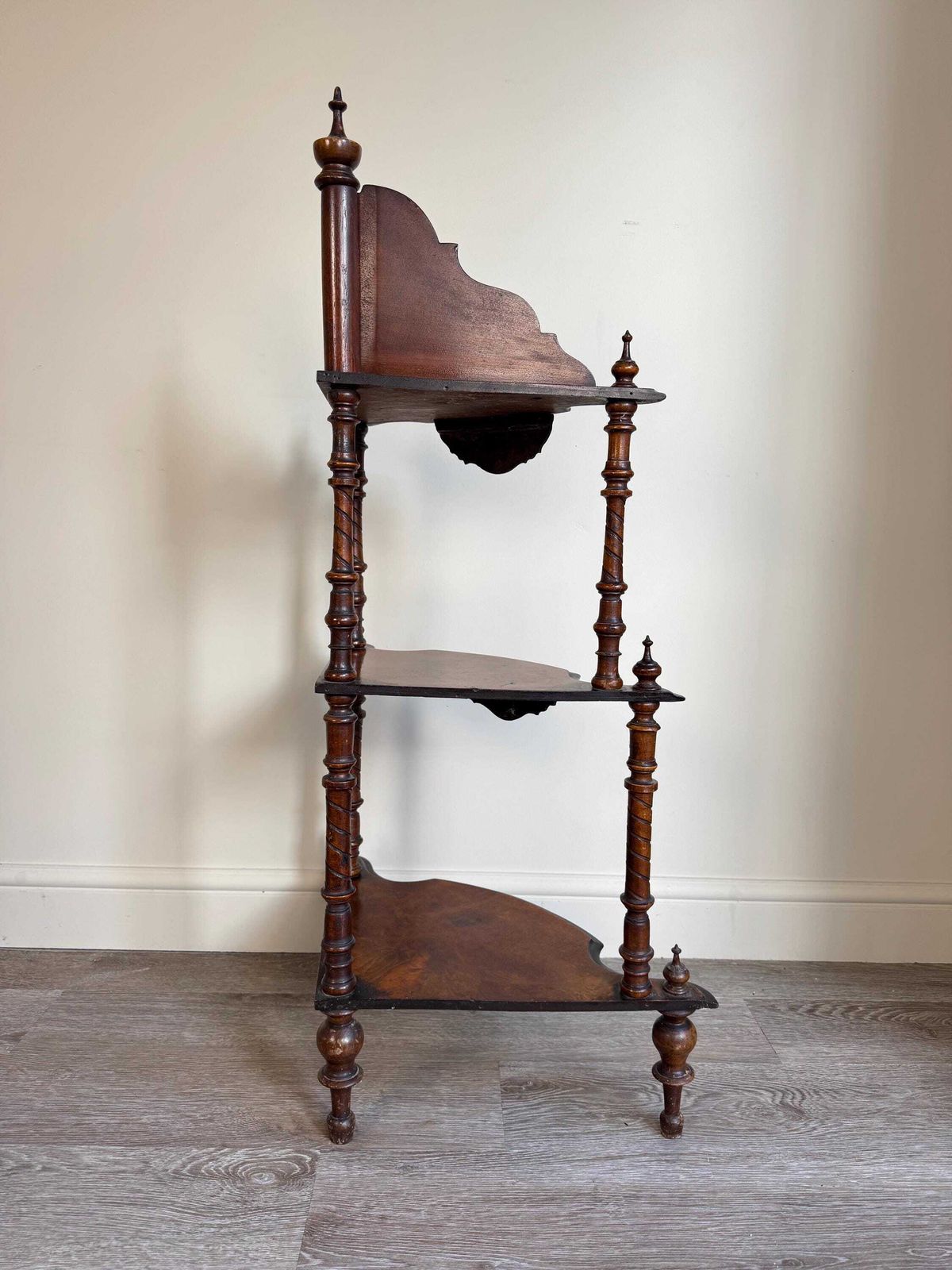 395.0 Antique 19th Century Victorian Walnut Marquetry Inlaid Serpentine Watnot Shelving Unit photo