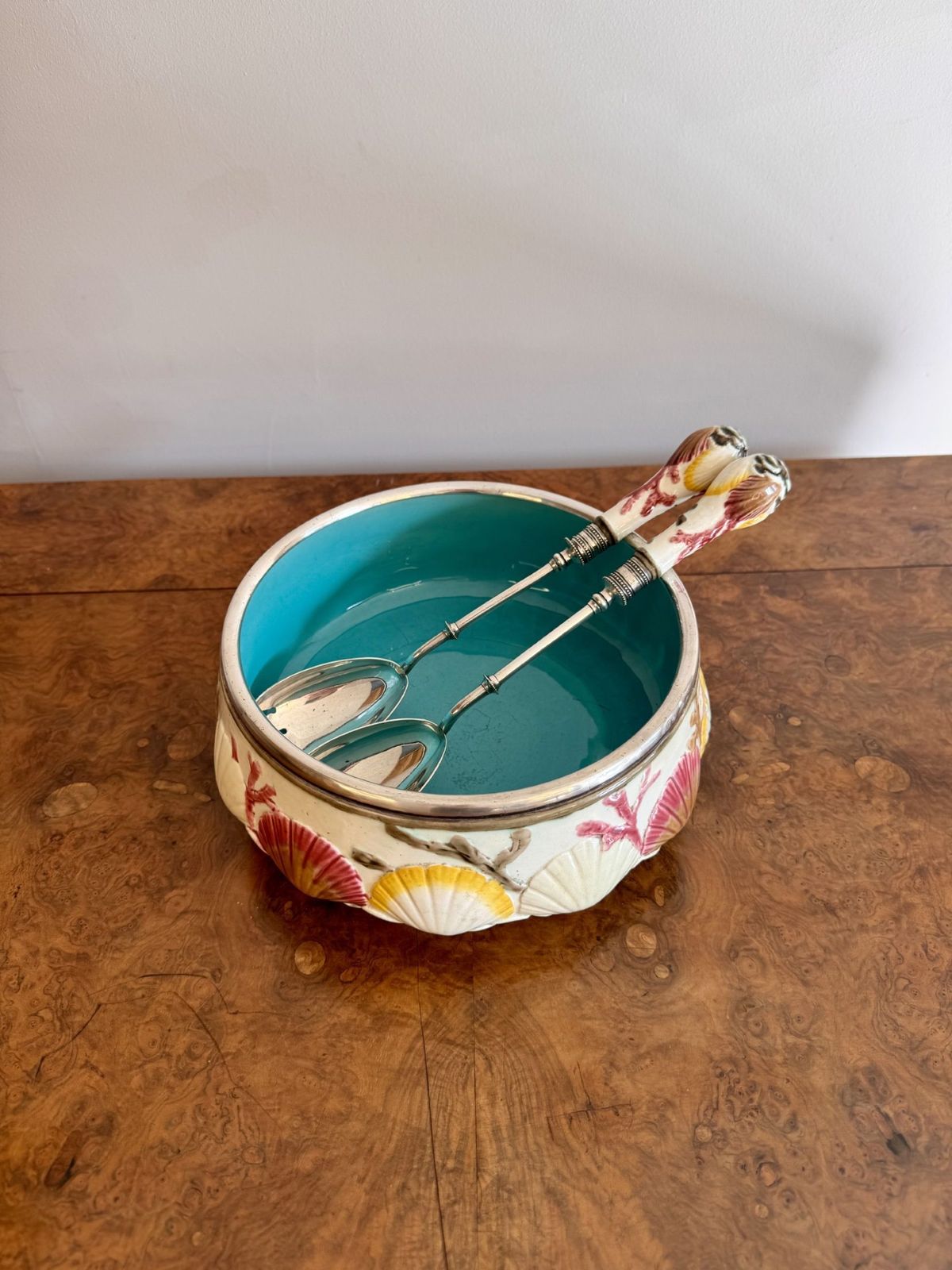 Quality Antique Majolica Salad Bowl And Servers photo for sale