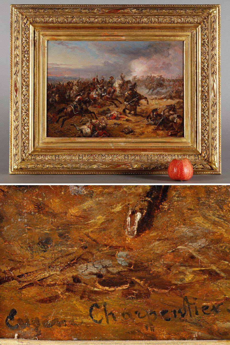 Painting Depicting French Cuirassiers At Waterloo, Signed Eugène Charpentier photo furniture