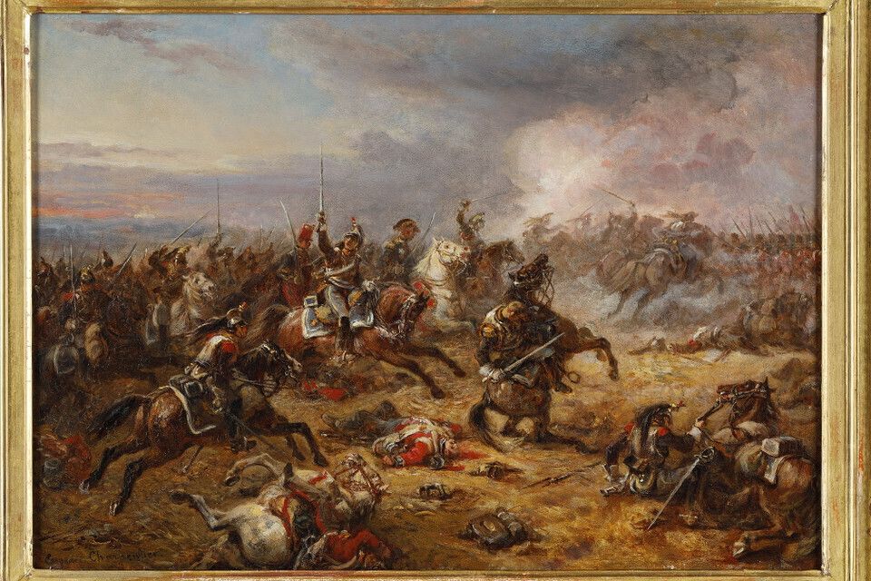 Painting Depicting French Cuirassiers At Waterloo, Signed Eugène Charpentier photo vintage