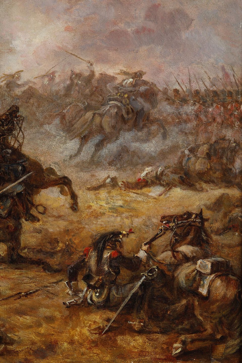 Art Painting Depicting French Cuirassiers At Waterloo, Signed Eugène Charpentier photo