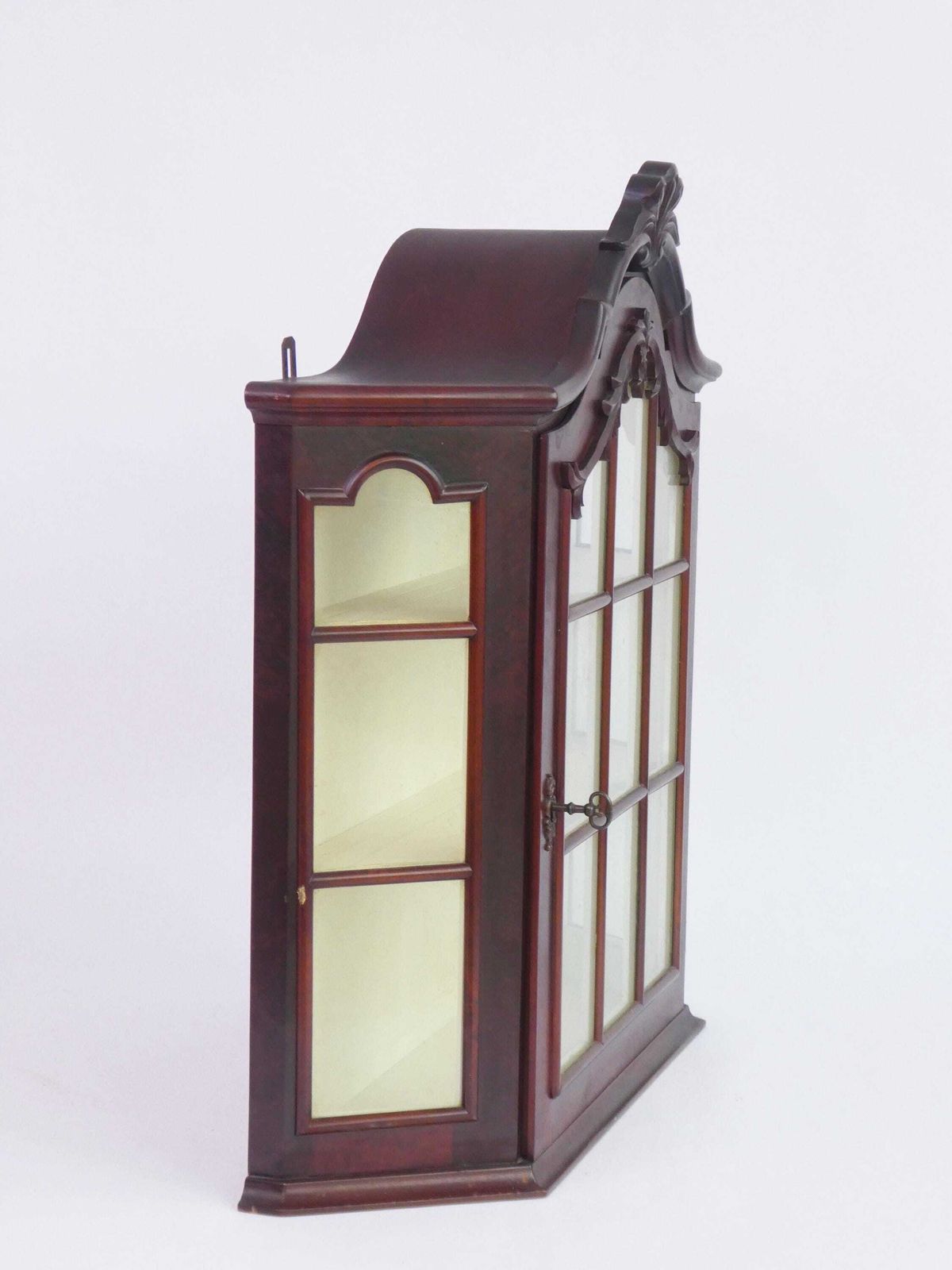 Mid Century Wooden Wall Display With Ornament And White Shelves, Cabinet With Lock, Glass Medicine Apothecary Storage photo vinterior